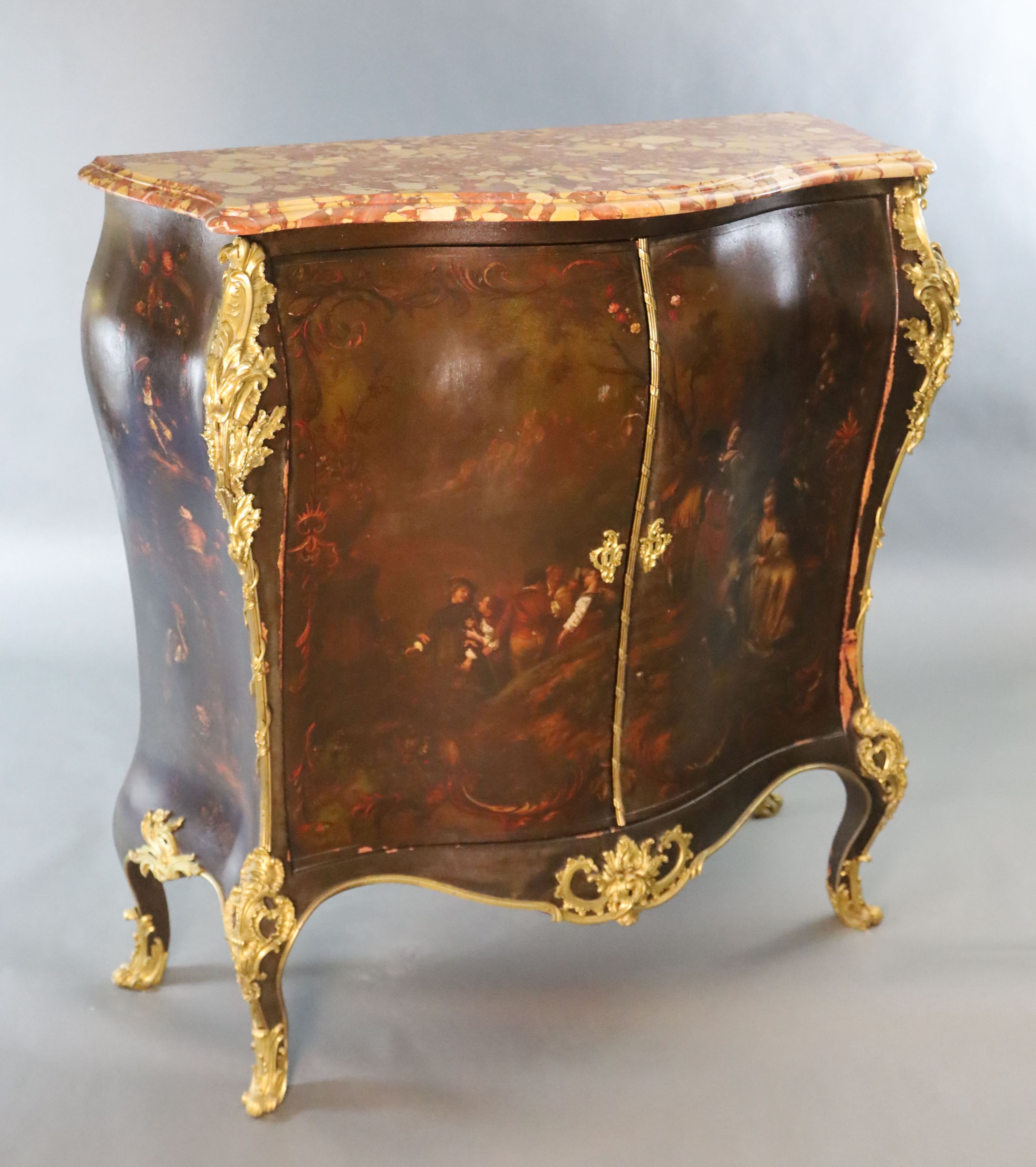 A late 19th century Louis XVI style serpentine bombe commode, W.4ft D.1ft 8in. H.4ft 3in.